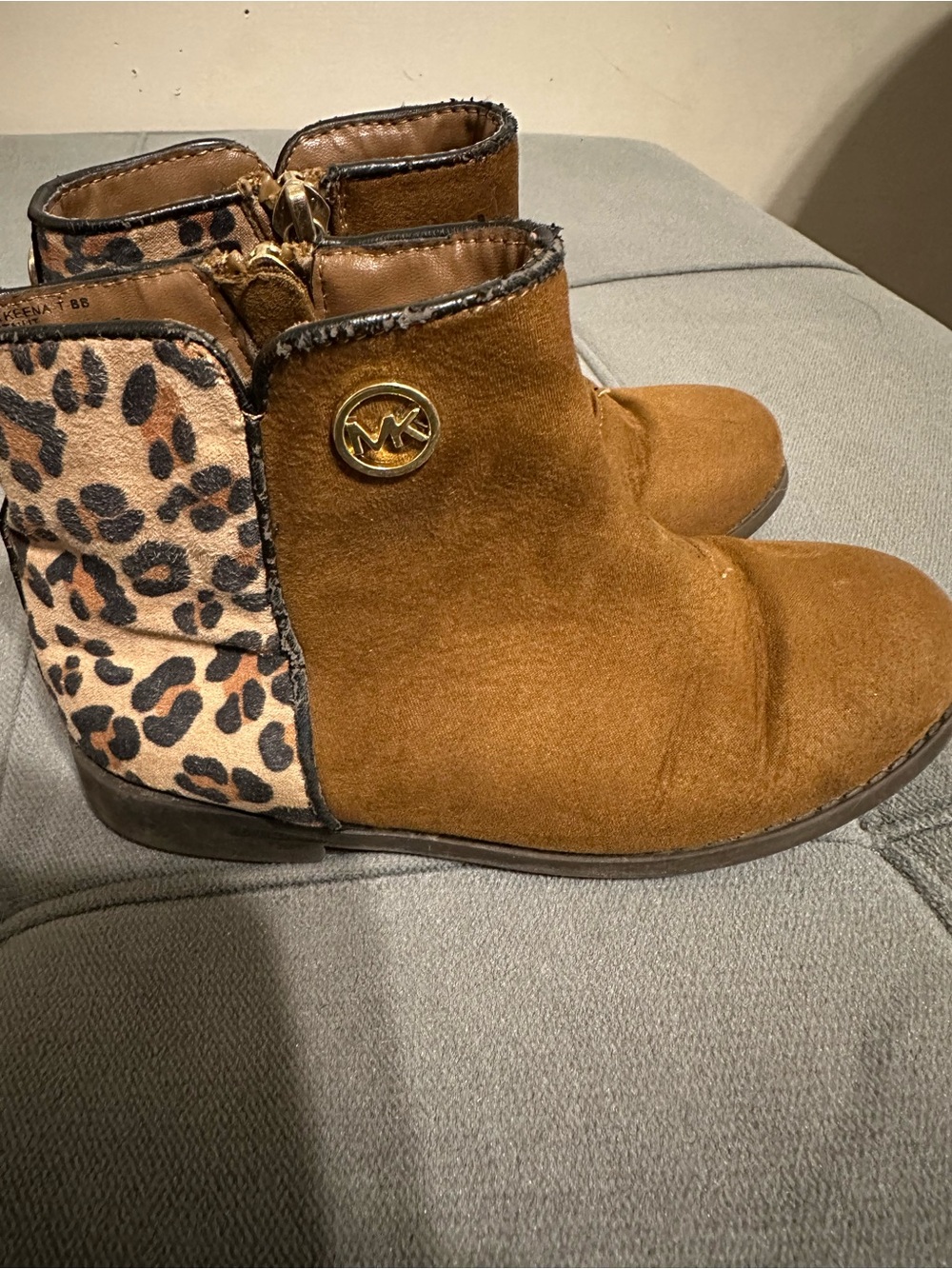 Michael Kors Kids Tan Suede Ankle Boots with Leopard Heel Accent